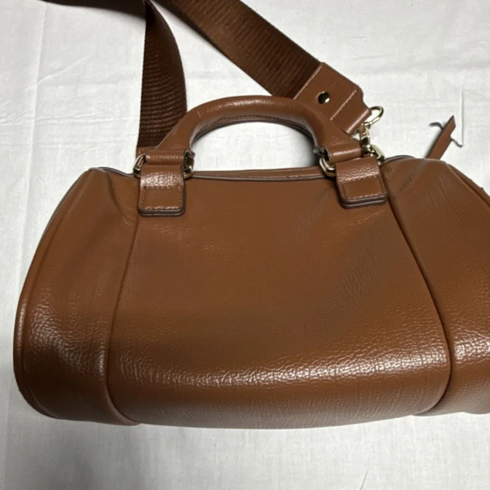 MADDEN NYC Brown Satchel Bag Adjustable Strap Double Handles Gold Zipper Logo